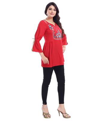 RED STAR CREPE FABRIC WOMEN TUNIC kurtiWITH EMBROIDERY WORK 3