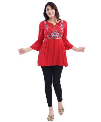 RED STAR CREPE FABRIC WOMEN TUNIC kurtiWITH EMBROIDERY WORK 4