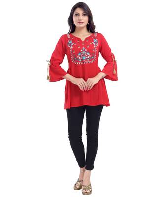 RED STAR CREPE FABRIC WOMEN TUNIC kurtiWITH EMBROIDERY WORK 5