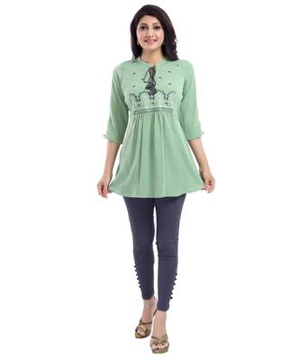 PISTA CREPE FABRIC WOMEN TUNIC kurtiWITH EMBROIDERY WORK 1
