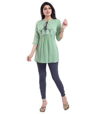 PISTA CREPE FABRIC WOMEN TUNIC kurtiWITH EMBROIDERY WORK 5