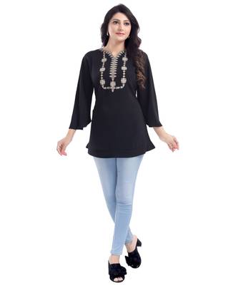 BEAUTIFUL BLACK CREPE FABRIC WOMEN TUNIC kurtiWITH EMBROIDERY WORK 1