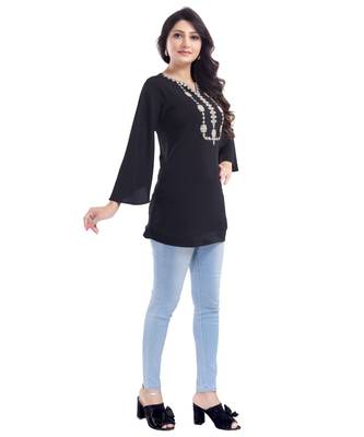 BEAUTIFUL BLACK CREPE FABRIC WOMEN TUNIC kurtiWITH EMBROIDERY WORK 3