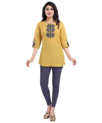 MUSTARD CREPE FABRIC WOMEN TUNIC kurtiWITH EMBROIDERY 1