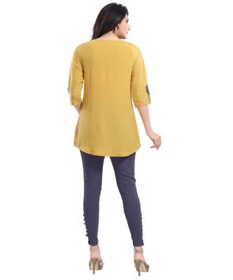 MUSTARD CREPE FABRIC WOMEN TUNIC kurtiWITH EMBROIDERY 2