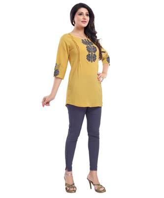 MUSTARD CREPE FABRIC WOMEN TUNIC kurtiWITH EMBROIDERY 3