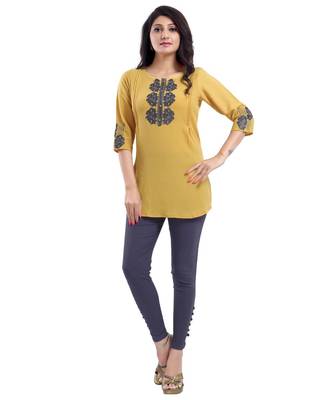 MUSTARD CREPE FABRIC WOMEN TUNIC kurtiWITH EMBROIDERY 4