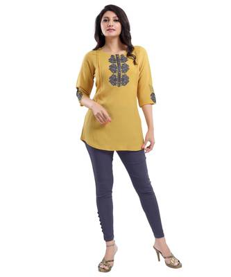 MUSTARD CREPE FABRIC WOMEN TUNIC kurtiWITH EMBROIDERY 5