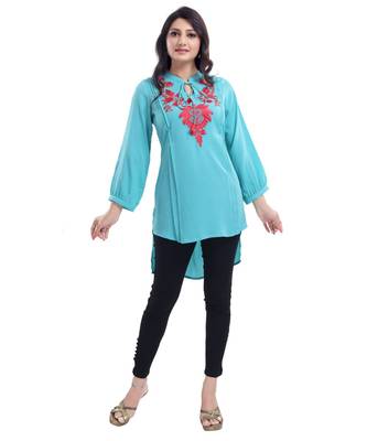 DESIGNER CREPE FABRIC TUNIC kurtiWITH EMBROIDERY NECKLINE 1