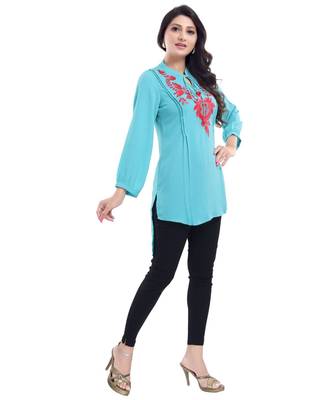 DESIGNER CREPE FABRIC TUNIC kurtiWITH EMBROIDERY NECKLINE 3