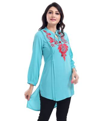 DESIGNER CREPE FABRIC TUNIC kurtiWITH EMBROIDERY NECKLINE 4