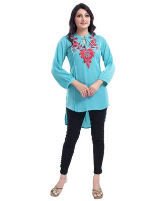 DESIGNER CREPE FABRIC TUNIC kurtiWITH EMBROIDERY NECKLINE 5