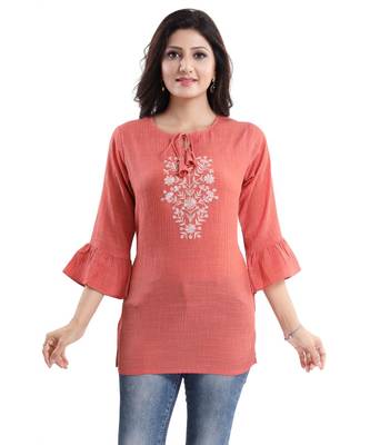 LIGHT ORANGE WRINKLE FABRIC TUNIC kurtiWITH EMBROIDERY BUTA 1
