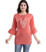 LIGHT ORANGE WRINKLE FABRIC TUNIC kurtiWITH EMBROIDERY BUTA