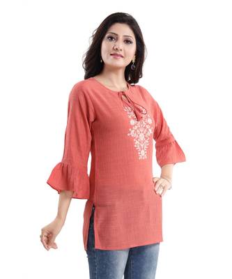 LIGHT ORANGE WRINKLE FABRIC TUNIC kurtiWITH EMBROIDERY BUTA 3