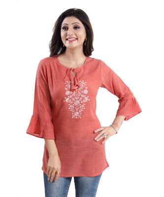 LIGHT ORANGE WRINKLE FABRIC TUNIC kurtiWITH EMBROIDERY BUTA 4