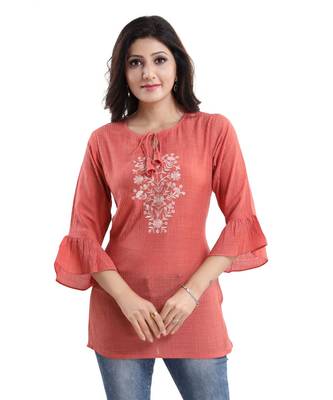LIGHT ORANGE WRINKLE FABRIC TUNIC kurtiWITH EMBROIDERY BUTA 5