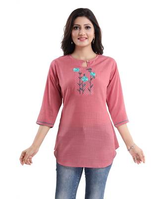 ONION PINK WRINKLE FABRIC TUNIC kurtiWITH EMBROIDERY BUTA 1