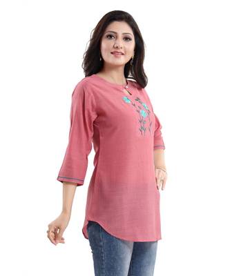 ONION PINK WRINKLE FABRIC TUNIC kurtiWITH EMBROIDERY BUTA 3