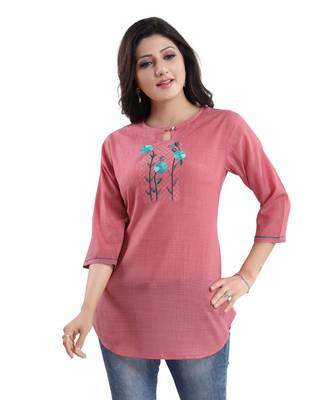 ONION PINK WRINKLE FABRIC TUNIC kurtiWITH EMBROIDERY BUTA 4