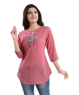 ONION PINK WRINKLE FABRIC TUNIC kurtiWITH EMBROIDERY BUTA 5