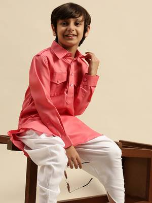 Sanwara Boy' Cotton Solid Pink Color Pathani Kurta 7