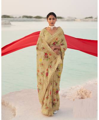 Beige printed georgette saree with blouse 1