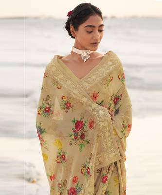 Beige printed georgette saree with blouse 2