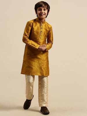 Boy's Art Silk Solid Rich Gold Colour Straight Kurta With Pyjama 1