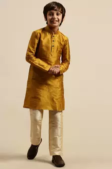 Boy's Art Silk Solid Rich Gold Colour Straight Kurta With Pyjama