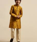 Boy's Art Silk Solid Rich Gold Colour Straight Kurta With Pyjama