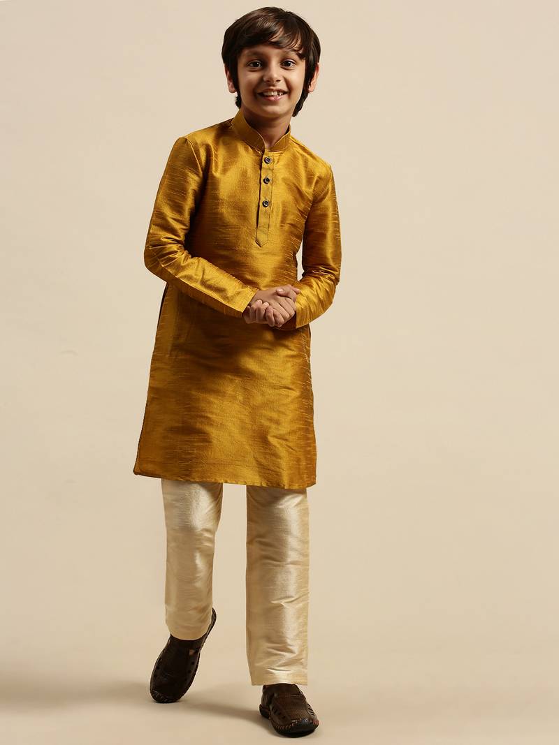 Sanwara Boy's Art Silk Solid Rich Gold Colour Straight Kurta With Pyjama