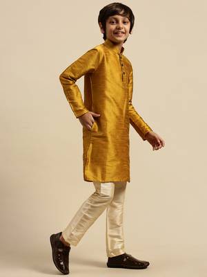 Boy's Art Silk Solid Rich Gold Colour Straight Kurta With Pyjama 2