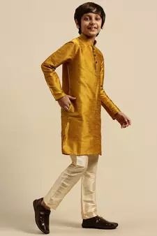 Boy's Art Silk Solid Rich Gold Colour Straight Kurta With Pyjama
