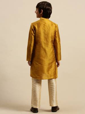 Boy's Art Silk Solid Rich Gold Colour Straight Kurta With Pyjama 3