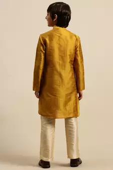 Boy's Art Silk Solid Rich Gold Colour Straight Kurta With Pyjama
