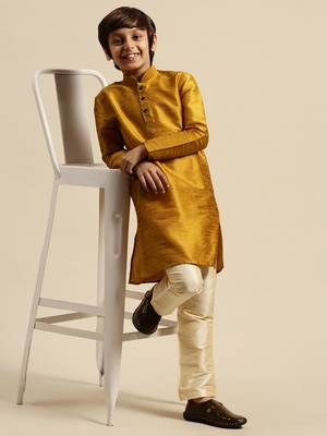 Boy's Art Silk Solid Rich Gold Colour Straight Kurta With Pyjama 6