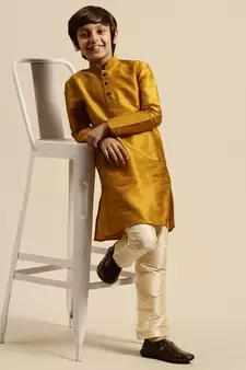 Boy's Art Silk Solid Rich Gold Colour Straight Kurta With Pyjama