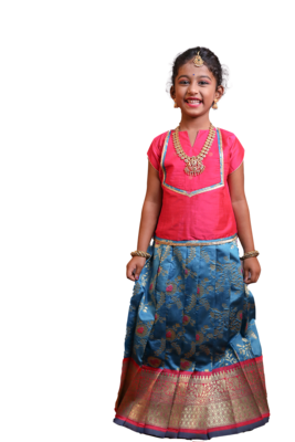 Shivangi Girls Peacock Blue Honey Suckle Pattu Pavadai 1