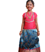 Shivangi Girls Peacock Blue Honey Suckle Pattu Pavadai
