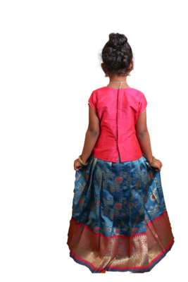 Shivangi Girls Peacock Blue Honey Suckle Pattu Pavadai 3