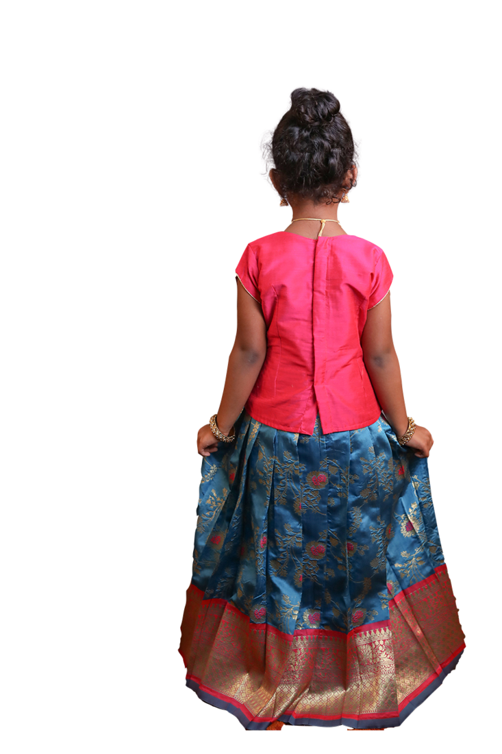 Shivangi Girls Peacock Blue Honey Suckle Pattu Pavadai