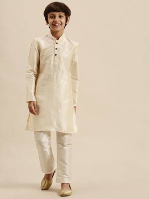 Sanwara Boy's Art Silk Solid Cream Colour Straight Kurta With Pyjama 1
