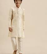 Sanwara Boy's Art Silk Solid Cream Colour Straight Kurta With Pyjama