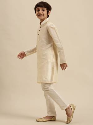 Sanwara Boy's Art Silk Solid Cream Colour Straight Kurta With Pyjama 2