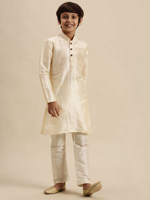 Sanwara Boy's Art Silk Solid Cream Colour Straight Kurta With Pyjama 6