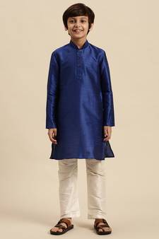 Sanwara Boy's Art Silk Solid Ink Blue Colour Straight Kurta With Pyjama