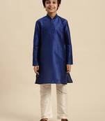 Boy's Art Silk Solid Ink Blue Colour Straight Kurta With Pyjama