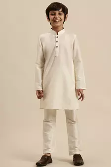 Sanwara Boy's Art Silk Solid Off White Colour Straight Kurta With Pyjama