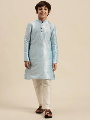 Boy's Art Silk Solid Sky Blue Colour Straight Kurta With Pyjama 1